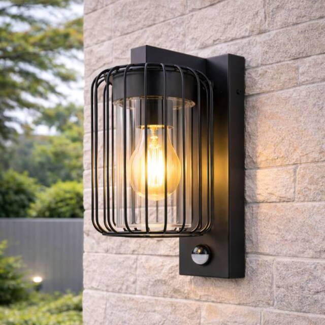 CGC Lighting Alvin PIR Motion Sensor Black Outdoor Cage Wall Light - image 1