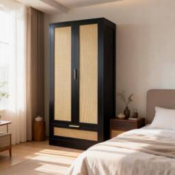 FURNITURE ONE 2-Door Rattan Wardrobe Closet with Drawer in Black - Size: 1 Pack
