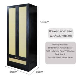 FURNITURE ONE 2-Door Rattan Wardrobe Closet with Drawer in Black - Size: 1 Pack - thumbnail 5