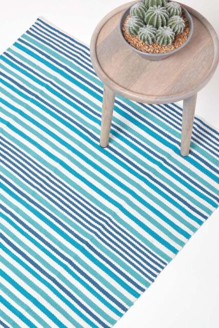 Homescapes Modern Scandinavian Style Striped Cotton Rug in Blue - Size: 90 cm x 150 cm - image 1