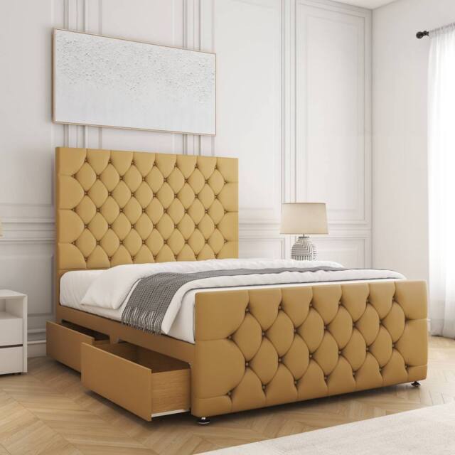 "BSSPOKE Maya Plush Velvet Divan Bed 54""Headboard & 2Drawers Footend &Mattress in Mustard - Size: King" - image 1