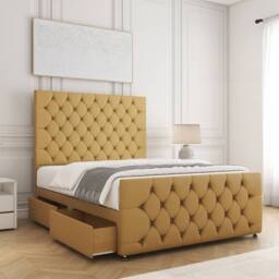 "BSSPOKE Maya Plush Velvet Divan Bed 54""Headboard & 2Drawers Footend &Mattress in Mustard - Size: King"