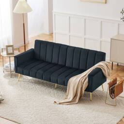BTM Folding Sofa Bed Convertible Velvet Sleeper Sofa with Support Legs in Navy - thumbnail 4