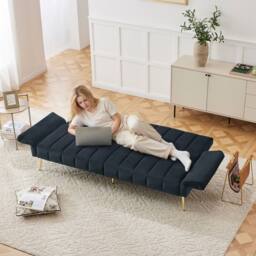 BTM Folding Sofa Bed Convertible Velvet Sleeper Sofa with Support Legs in Navy