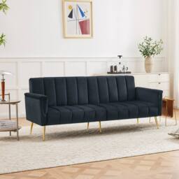 BTM Folding Sofa Bed Convertible Velvet Sleeper Sofa with Support Legs in Navy - thumbnail 3