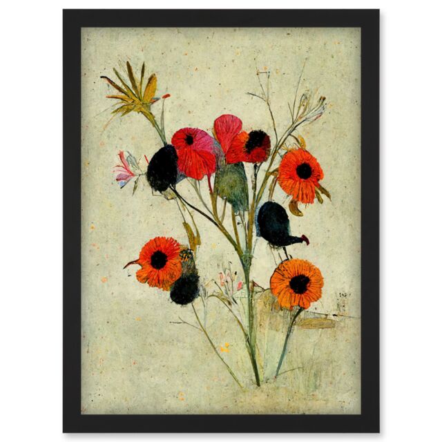 Artery8 Poppy Flowers Colourful Floral Abstract Artwork Framed Wall Art Print A4 in Black - image 1