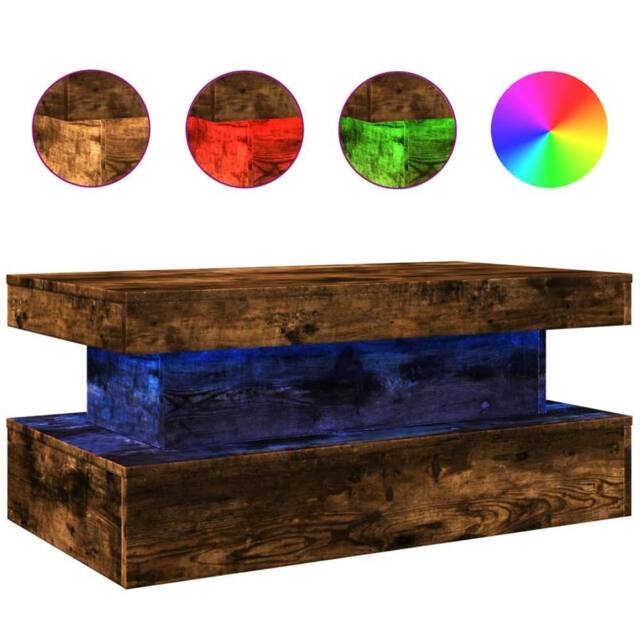 Berkfield Home Coffee Table with LED Lights Smoked Oak 90x50x40 cm in Brown - Size: 90 x 50 x 40 cm - image 1