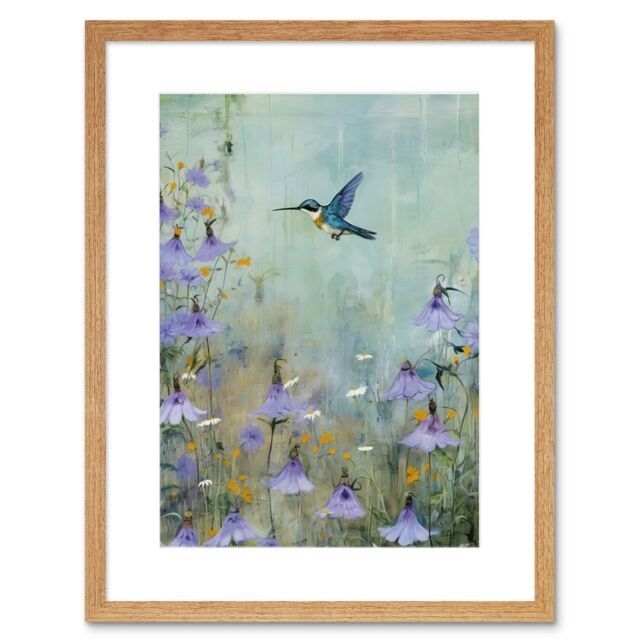 "Artery8 Wall Art Print Bluebell Hummingbird Pastel Painting Nectar Flowers Field Oil Painting Colour Artwork Framed 9X7 Inch - Size: W7"" x H9""" - image 1