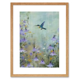 "Artery8 Wall Art Print Bluebell Hummingbird Pastel Painting Nectar Flowers Field Oil Painting Colour Artwork Framed 9X7 Inch - Size: W7"" x H9""" - thumbnail 1
