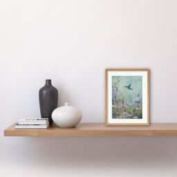 "Artery8 Wall Art Print Bluebell Hummingbird Pastel Painting Nectar Flowers Field Oil Painting Colour Artwork Framed 9X7 Inch - Size: W7"" x H9""" - thumbnail 2