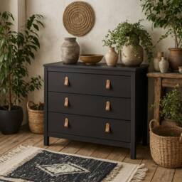 Wyld Haus Wildberry Matt Black 3 Drawer Chest with Leather Strap Handles - thumbnail 1