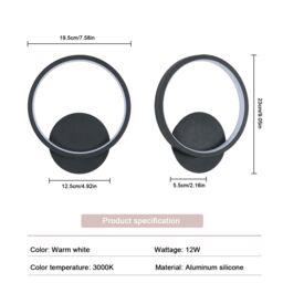 Pheashine Modern Black Round LED Wall Light, 12W 3000K Warm Light Sconce, 23cm - thumbnail 3