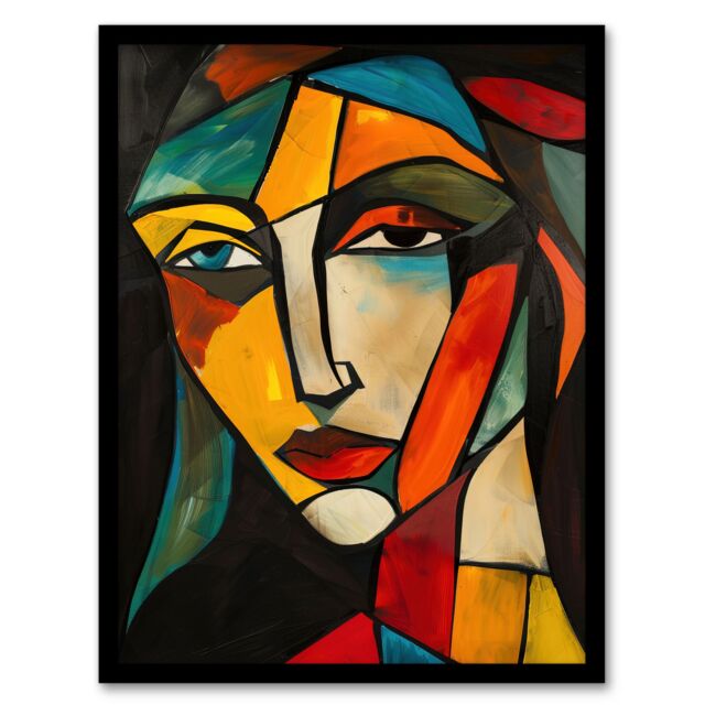 Artery8 Woman Portrait Stained Glass Cubism Colourful Framed Art Print - Size: A4 - image 1