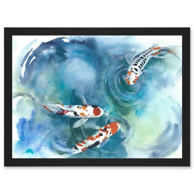 Artery8 Japan Koi Fish Near Surface Pond White Black Orange Artwork Framed Wall Art Print A4 - image 1
