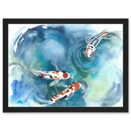 Artery8 Japan Koi Fish Near Surface Pond White Black Orange Artwork Framed Wall Art Print A4 - thumbnail 1