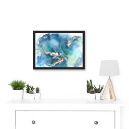 Artery8 Japan Koi Fish Near Surface Pond White Black Orange Artwork Framed Wall Art Print A4 - thumbnail 2