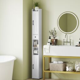 HOMCOM Tall Bathroom Storage Cabinet Slim Bathroom Cabinet with Drawer White