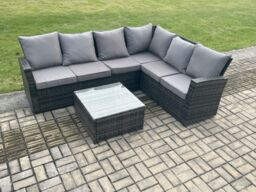 Fimous 6 Seater Wicker PE Outdoor Garden Furniture Set High Back Rattan Corner Sofa Set with Armchair Square Coffee Table in Dark Grey - thumbnail 1
