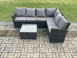 Fimous 6 Seater Wicker PE Outdoor Garden Furniture Set High Back Rattan Corner Sofa Set with Armchair Square Coffee Table in Dark Grey - thumbnail 2