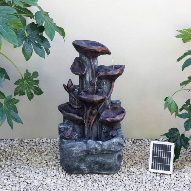 Primrose Solar Power Lily Pad Rock Cascade Water Feature With LED Bronze 76cm in Brown - image 1