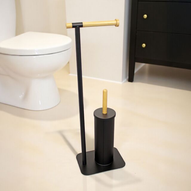 Showerdrape Sonata Black & Bamboo Toilet Roll Holder & Toilet Brush Combination - image 1