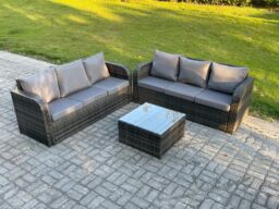 Fimous Indoor Outdoor Rattan Garden Furniture 6 Seater Set Table Sofa Chair Patio Conservatory with Grey Cushions in Dark Grey - thumbnail 2