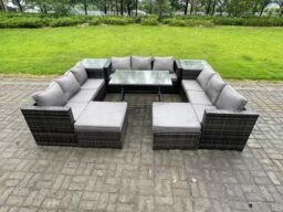 Fimous 11 Seater Wicker PE Rattan Outdoor Furniture Lounge Sofa Garden Dining Set with Dining Table Side Table in Dark Grey - thumbnail 2