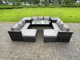 Fimous 11 Seater Wicker PE Rattan Outdoor Furniture Lounge Sofa Garden Dining Set with Dining Table Side Table in Dark Grey - thumbnail 1