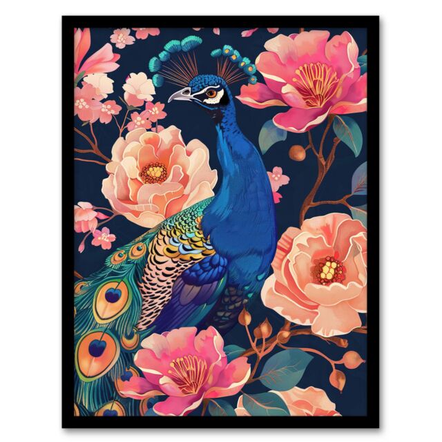 "Artery8 Peacock Bird with Pink Flower Pattern Design Framed Art Print in Blue - Size: W12"" x H16""" - image 1