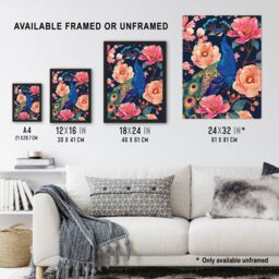 "Artery8 Peacock Bird with Pink Flower Pattern Design Framed Art Print in Blue - Size: W12"" x H16""" - thumbnail 3