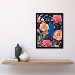 "Artery8 Peacock Bird with Pink Flower Pattern Design Framed Art Print in Blue - Size: W12"" x H16""" - thumbnail 4