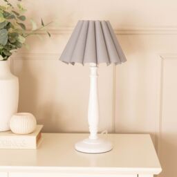 ValueLights Victoria White Wood Candlestick Table Lamp with Scallop Tapered Shade & Bulb in Grey - thumbnail 3