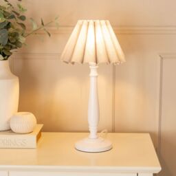 ValueLights Victoria White Wood Candlestick Table Lamp with Scallop Tapered Shade & Bulb in Grey - thumbnail 1