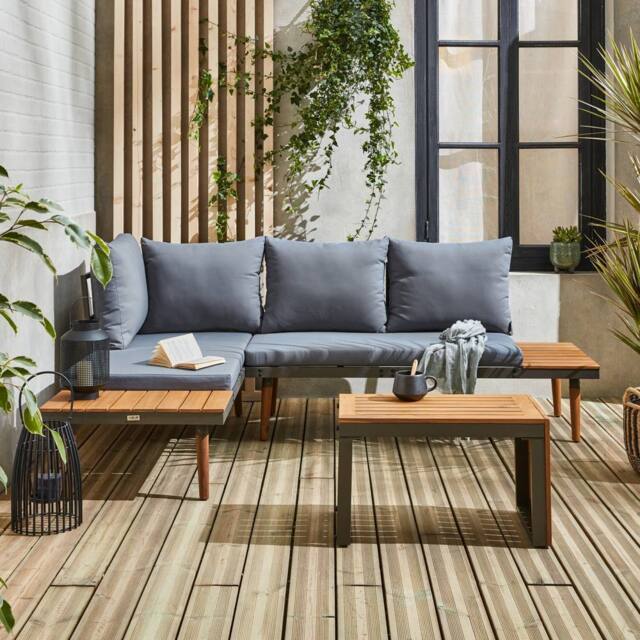 sweeek 4-seater modular aluminium & acacia garden lounge set in Dark Grey - image 1