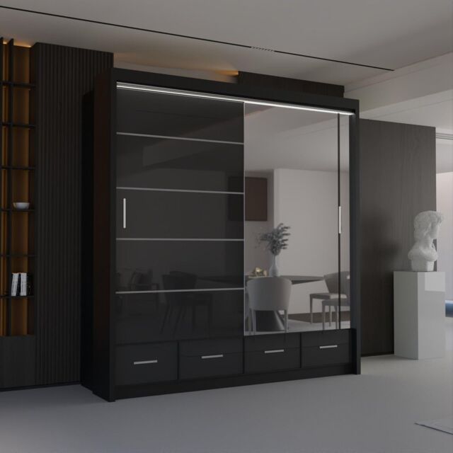 Sliding Wardrobes 4U Luxury High Gloss Sliding Wardrobe with LED Light W208cm x H220cm in Black - image 1