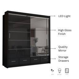 Sliding Wardrobes 4U Luxury High Gloss Sliding Wardrobe with LED Light W208cm x H220cm in Black - thumbnail 3