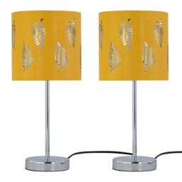 First Choice Lighting Set of 2 Chrome Stick Table Lamps with Ochre Fern Cut Out Shades in Silver