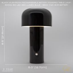 Happy Homewares Modern Gloss Mushroom Style Rechargeable LED Touch Dimmable Table Lamp in Black - thumbnail 5