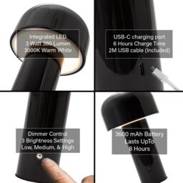 Happy Homewares Modern Gloss Mushroom Style Rechargeable LED Touch Dimmable Table Lamp in Black - thumbnail 4