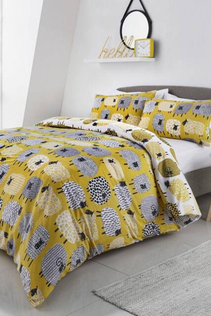 Fusion 'Dotty Sheep' Fun Reversible Duvet Cover Set in Mustard - Size: Super King - image 1