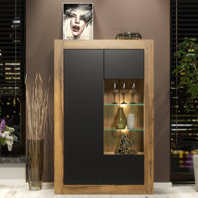 Creative Furniture Arcadia Display Cabinet 140cm - Dark Oak with Black Matt Doors + LED in Dark Brown - image 1