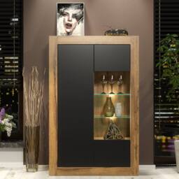 Creative Furniture Arcadia Display Cabinet 140cm - Dark Oak with Black Matt Doors + LED in Dark Brown