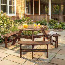 OUTSUNNY 6 Person Fir Wood Table Bench Set Outdoor Garden Patio, Carbonized in Brown - thumbnail 1