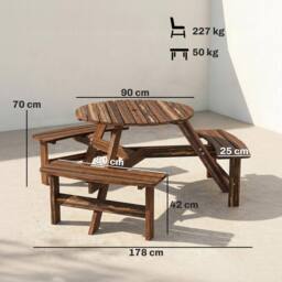 OUTSUNNY 6 Person Fir Wood Table Bench Set Outdoor Garden Patio, Carbonized in Brown - thumbnail 3