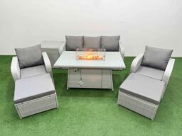 Fimous PE Rattan Garden Furniture Set Reclining Chair Sofa Lounge Sofa Set Firepit Dining Table Side Table 2 Big Footstool Light Grey - thumbnail 2