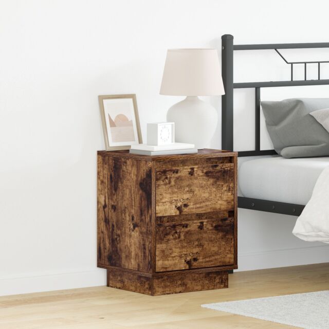 Berkfield Home Bedside Cabinets with LED Lights 2 pcs Smoked Oak 39x34.5x50 cm - image 1