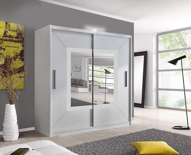 RAC3 Bedroom Sliding Wardrobe with LED - Modern Mirror Wardrobe-203cm in White - image 1