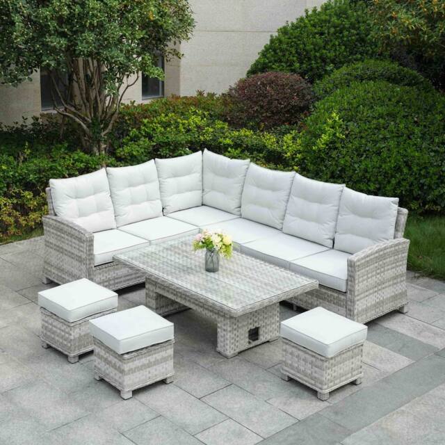 Direct Wicker 8-Seater Premium Outdoor Garden Sofa Set with Rising Table, White - Size: 3 Pack - image 1