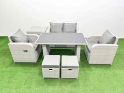Fimous Outdoor Rattan Garden Furniture Dining Set 6-seater with Side Table in Light Grey - thumbnail 1
