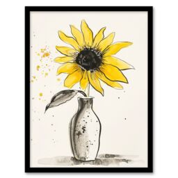 "Artery8 Single Sunflower in Vase Yellow Grey Watercolour Framed Art Print - Size: W12"" x H16""" - thumbnail 1